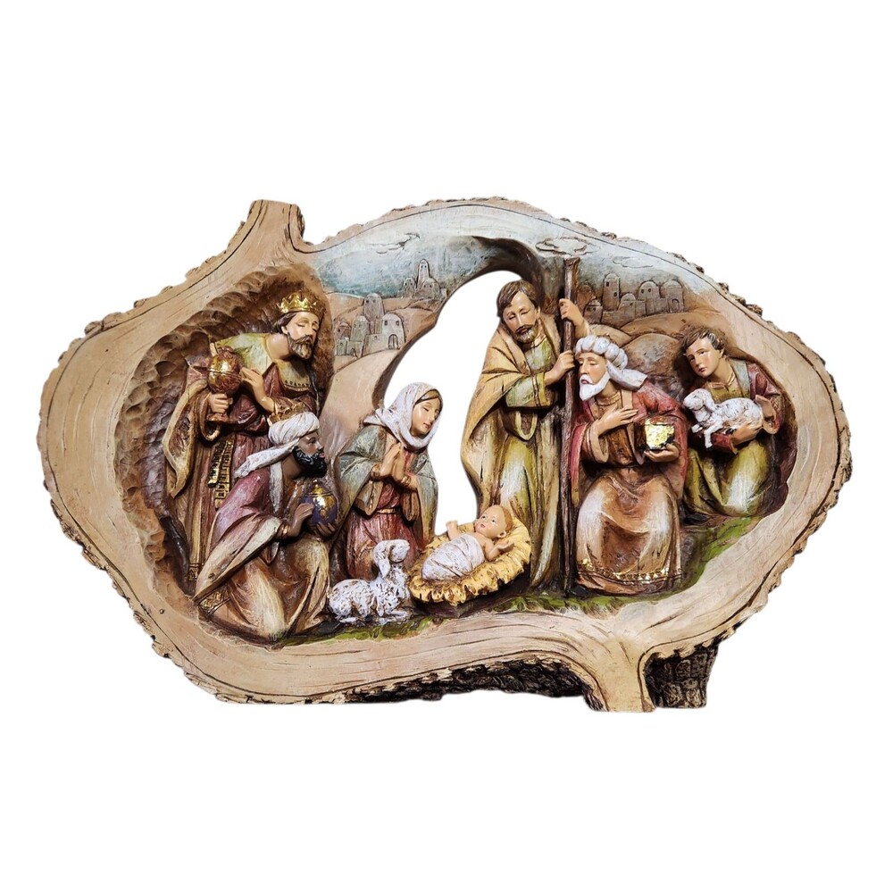 Napco Resin Nativity Scene Plaque in Relief Wood Cut Oval Hang/Stand 17"x11"